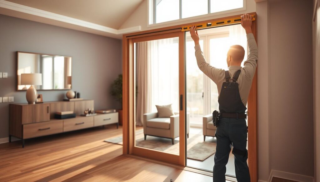 A modern interior scene showcasing the installation of sliding doors. In the foreground, a skilled tradesperson dressed in a professional work outfit is carefully positioning a sliding door frame, using a level to ensure accuracy. The middle ground features the half-installed sliding door, with visible tracks and hardware, emphasizing the installation process. The background consists of a stylish living room with warm, natural lighting pouring in through large windows, casting soft shadows. The atmosphere is one of focus and craftsmanship, highlighting the seamless blend of functionality and design. The image should be taken from a slightly elevated angle to capture both the tradesperson's technique and the elegance of the room's decor. A modern interior scene showcasing the installation of sliding doors. In the foreground, a skilled tradesperson dressed in a professional work outfit is carefully positioning a sliding door frame, using a level to ensure accuracy. The middle ground features the half-installed sliding door, with visible tracks and hardware, emphasizing the installation process. The background consists of a stylish living room with warm, natural lighting pouring in through large windows, casting soft shadows. The atmosphere is one of focus and craftsmanship, highlighting the seamless blend of functionality and design. The image should be taken from a slightly elevated angle to capture both the tradesperson's technique and the elegance of the room's decor.