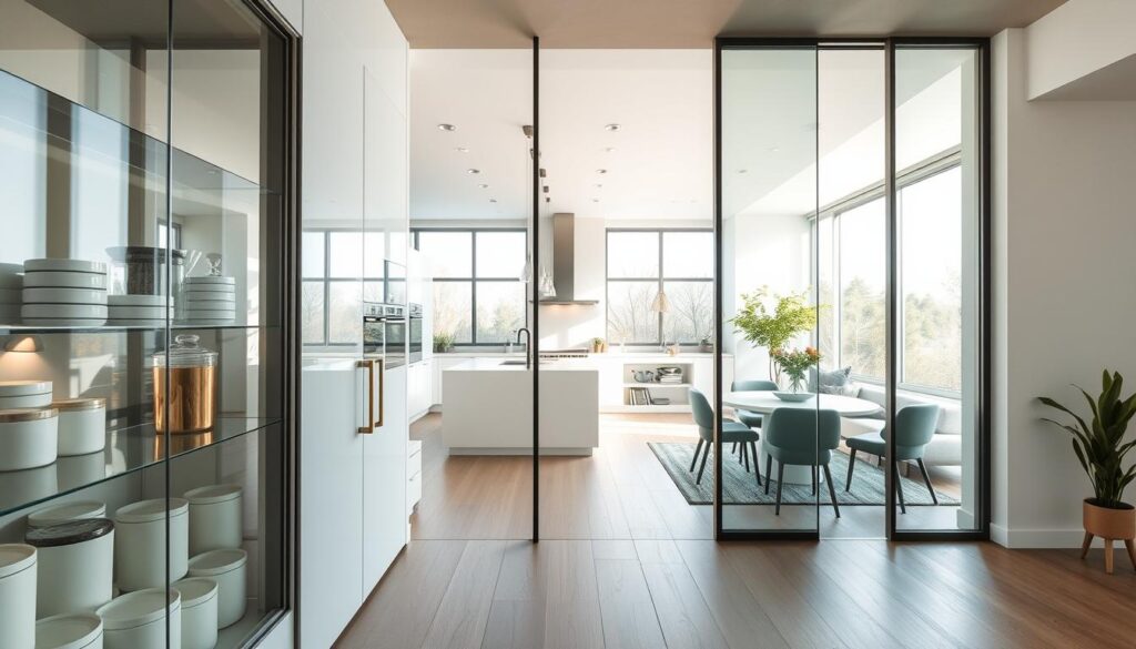 A modern kitchen interior featuring stylish glass partitions instead of traditional doors. In the foreground, showcase a sleek glass pantry with elegant storage containers, reflecting soft natural light. In the middle, an open space connects the kitchen and living area, highlighting the minimalist design with contemporary furniture and harmonious color schemes. The background includes large windows allowing daylight to flood in, enhancing the airy atmosphere. Use a warm ambiance to create a welcoming vibe. The angle should capture the spaciousness and fluidity of the layout, emphasizing the innovative use of glass as a space divider. Focus on clarity and sleek lines, with a touch of modern aesthetic charm.