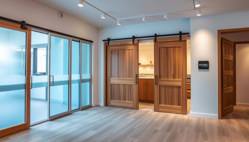 A modern showroom interior showcasing a variety of stylish sliding doors. In the foreground, a well-lit display features elegant wooden sliding doors, emphasizing their smooth finish and intricate designs. The middle ground includes options like frosted glass and metal framed doors, arranged aesthetically to highlight diversity. The background features soft ambient lighting that adds warmth to the scene, with neutral-colored walls to enhance the products. The atmosphere conveys a sense of professionalism and creativity, inviting the viewer to explore their options. The shot is taken from a slightly angled perspective, capturing the depth of the showroom while ensuring clarity on the sliding doors' details. The overall mood is sophisticated and inspiring, perfect for homeowners looking to enhance their space. A modern showroom interior showcasing a variety of stylish sliding doors. In the foreground, a well-lit display features elegant wooden sliding doors, emphasizing their smooth finish and intricate designs. The middle ground includes options like frosted glass and metal framed doors, arranged aesthetically to highlight diversity. The background features soft ambient lighting that adds warmth to the scene, with neutral-colored walls to enhance the products. The atmosphere conveys a sense of professionalism and creativity, inviting the viewer to explore their options. The shot is taken from a slightly angled perspective, capturing the depth of the showroom while ensuring clarity on the sliding doors' details. The overall mood is sophisticated and inspiring, perfect for homeowners looking to enhance their space.