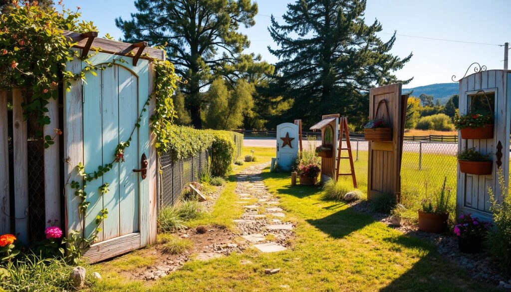 A picturesque garden setting featuring creatively repurposed old doors as focal points. In the foreground, a weathered wooden door, painted in soft pastels, is elegantly adorned with climbing vines and bright flowers, appearing almost like a whimsical gateway. The middle ground showcases a charming pathway lined with lush greenery and scattered pebbles, leading to additional vintage doors, each uniquely decorated with garden art and planters. In the background, a serene landscape of tall, leafy trees and a clear blue sky enhances the tranquil atmosphere. The scene is bathed in warm, golden sunlight, casting soft shadows that add depth. This harmonious arrangement evokes a sense of creativity, growth, and nostalgia, inviting viewers to explore the beauty of transforming old doors into garden art. A picturesque garden setting featuring creatively repurposed old doors as focal points. In the foreground, a weathered wooden door, painted in soft pastels, is elegantly adorned with climbing vines and bright flowers, appearing almost like a whimsical gateway. The middle ground showcases a charming pathway lined with lush greenery and scattered pebbles, leading to additional vintage doors, each uniquely decorated with garden art and planters. In the background, a serene landscape of tall, leafy trees and a clear blue sky enhances the tranquil atmosphere. The scene is bathed in warm, golden sunlight, casting soft shadows that add depth. This harmonious arrangement evokes a sense of creativity, growth, and nostalgia, inviting viewers to explore the beauty of transforming old doors into garden art.