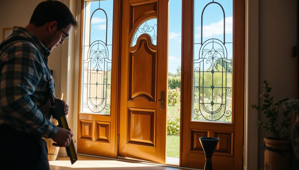 A picturesque view of a pair of elegant balcony doors being modified for use as entry doors in a charming home setting. In the foreground, showcase a skilled carpenter at work, wearing professional attire, using tools like a saw and measuring tape with focused determination. The middle layer features the doors, highlighting their glossy finish and ornate design details like decorative glass panels and solid wood frames, with a visible transformation process. In the background, there’s a sunny garden with blooming flowers and a blue sky, creating a vibrant atmosphere. The warm lighting enhances the wood texture and reflects off the glass, bringing a sense of creativity and home improvement to the scene. The whole image conveys professionalism and reassurance in home renovation. A picturesque view of a pair of elegant balcony doors being modified for use as entry doors in a charming home setting. In the foreground, showcase a skilled carpenter at work, wearing professional attire, using tools like a saw and measuring tape with focused determination. The middle layer features the doors, highlighting their glossy finish and ornate design details like decorative glass panels and solid wood frames, with a visible transformation process. In the background, there’s a sunny garden with blooming flowers and a blue sky, creating a vibrant atmosphere. The warm lighting enhances the wood texture and reflects off the glass, bringing a sense of creativity and home improvement to the scene. The whole image conveys professionalism and reassurance in home renovation.