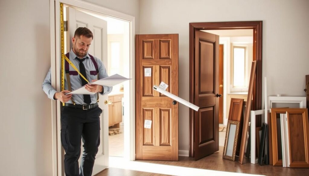 A professional and informative scene depicting a door installation process, illustrating various costs associated with door services in different regions. In the foreground, show a skilled tradesperson in professional attire, carefully measuring a doorway with a tape measure and blueprint in hand. The middle ground features an open door displaying various types of doors, such as contemporary and traditional styles, with price tags visible. In the background, include a partially furnished room with tools and materials like hinges and door frames, suggesting an active installation site. Use natural lighting to create an inviting atmosphere, with soft shadows to enhance depth. Angle the view to capture the detailed interaction between the installer and the materials, evoking a sense of professionalism and expertise. A professional and informative scene depicting a door installation process, illustrating various costs associated with door services in different regions. In the foreground, show a skilled tradesperson in professional attire, carefully measuring a doorway with a tape measure and blueprint in hand. The middle ground features an open door displaying various types of doors, such as contemporary and traditional styles, with price tags visible. In the background, include a partially furnished room with tools and materials like hinges and door frames, suggesting an active installation site. Use natural lighting to create an inviting atmosphere, with soft shadows to enhance depth. Angle the view to capture the detailed interaction between the installer and the materials, evoking a sense of professionalism and expertise.