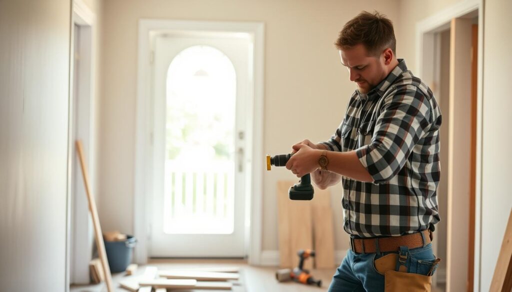 A professional carpenter in a modest casual outfit, meticulously installing an exterior door in a well-lit home environment. In the foreground, the carpenter uses precise tools like a level and drill, demonstrating careful attention to detail. The middle ground showcases the partially installed door, framed by a stylish doorway, with construction materials and tools organized neatly around the workspace. In the background, a bright, sunny day can be seen through a nearby window, creating an inviting atmosphere. Soft, natural lighting enhances the focus on the door installation, with a slightly blurred effect on the background to draw attention to the work being done. The overall mood is professional, showcasing expertise and craftsmanship in door installation. A professional carpenter in a modest casual outfit, meticulously installing an exterior door in a well-lit home environment. In the foreground, the carpenter uses precise tools like a level and drill, demonstrating careful attention to detail. The middle ground showcases the partially installed door, framed by a stylish doorway, with construction materials and tools organized neatly around the workspace. In the background, a bright, sunny day can be seen through a nearby window, creating an inviting atmosphere. Soft, natural lighting enhances the focus on the door installation, with a slightly blurred effect on the background to draw attention to the work being done. The overall mood is professional, showcasing expertise and craftsmanship in door installation.