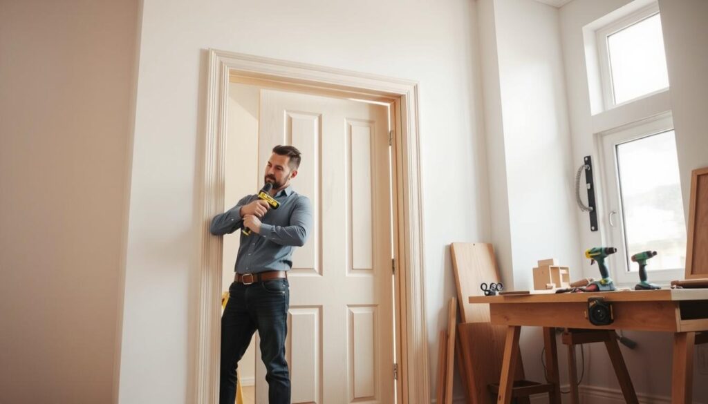 A professional carpenter is carefully installing an interior door in a bright, contemporary room. In the foreground, focus on the carpenter in smart casual attire, using tools like a level and drill, demonstrating precision. The middle ground showcases the partially installed door, highlighting the door frame and hinges. In the background, a well-organized workspace is visible, with tools neatly arranged on a workbench and a soft, warm light illuminating the scene. The atmosphere is calm and focused, emphasizing attention to detail and craftsmanship. The composition is balanced, using a slightly low angle to capture the action, with natural light streaming in through a nearby window, enhancing the quality of the workspace.