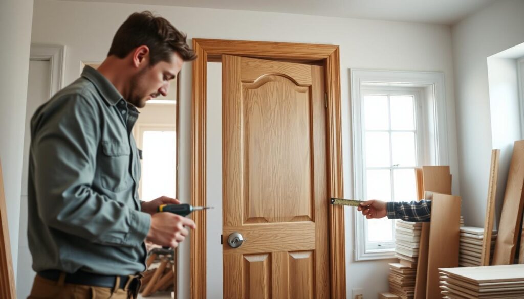 A professional carpenter meticulously installing interior doors with frames in a cozy, well-lit room. In the foreground, the carpenter is dressed in modest, casual work attire, holding tools like a screwdriver and a level. The middle section features a partially installed door with a beautifully crafted wood frame and detailed grain, showcasing the craftsmanship. The background reveals a neatly arranged workspace with stacks of materials and a ruler, enhancing the atmosphere of a focused work environment. Soft natural light filters through a nearby window, casting gentle shadows and highlighting the warm tones of the wood. The overall mood is one of professionalism and skill, capturing the essence of interior door installation. A professional carpenter meticulously installing interior doors with frames in a cozy, well-lit room. In the foreground, the carpenter is dressed in modest, casual work attire, holding tools like a screwdriver and a level. The middle section features a partially installed door with a beautifully crafted wood frame and detailed grain, showcasing the craftsmanship. The background reveals a neatly arranged workspace with stacks of materials and a ruler, enhancing the atmosphere of a focused work environment. Soft natural light filters through a nearby window, casting gentle shadows and highlighting the warm tones of the wood. The overall mood is one of professionalism and skill, capturing the essence of interior door installation.