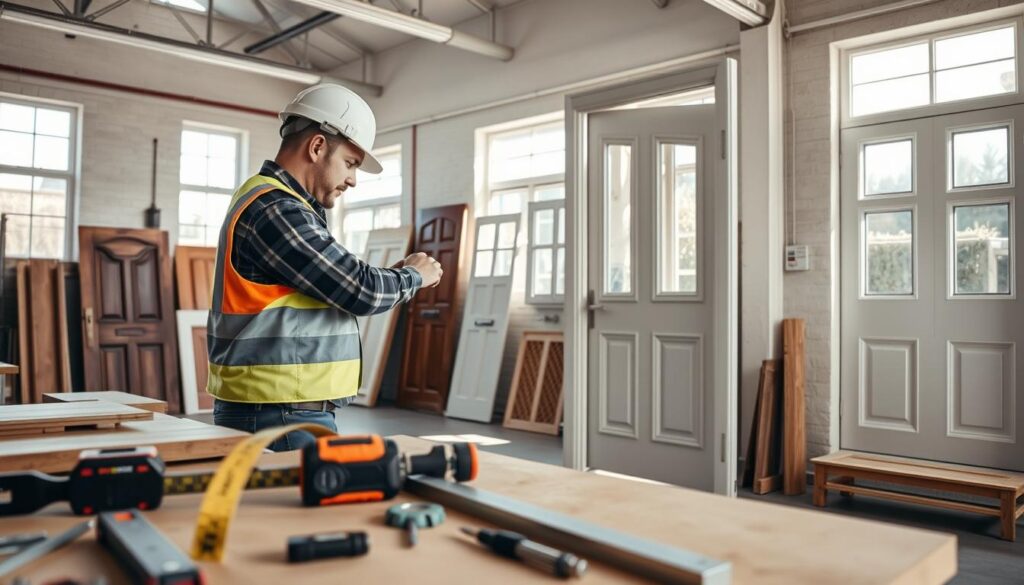 A professional contractor in a well-equipped workshop, carefully measuring and installing an elegant external door. In the foreground, tools such as a measuring tape, level, and screwdrivers are neatly arranged on a workbench. The contractor, dressed in a safety vest and hard hat, demonstrates precision and focus as they align the door frame. The middle ground features partially installed doors and various door models hung on display, showcasing different designs and styles. In the background, natural light filters in through large windows, casting soft shadows and highlighting the craftsmanship. The overall atmosphere conveys diligence, professionalism, and the importance of quality workmanship in exterior door installation. A professional contractor in a well-equipped workshop, carefully measuring and installing an elegant external door. In the foreground, tools such as a measuring tape, level, and screwdrivers are neatly arranged on a workbench. The contractor, dressed in a safety vest and hard hat, demonstrates precision and focus as they align the door frame. The middle ground features partially installed doors and various door models hung on display, showcasing different designs and styles. In the background, natural light filters in through large windows, casting soft shadows and highlighting the craftsmanship. The overall atmosphere conveys diligence, professionalism, and the importance of quality workmanship in exterior door installation.