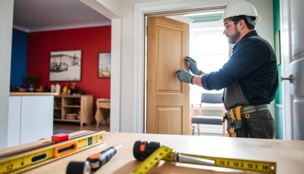 A professional contractor skillfully installing an interior door in a modern home, focused on the precise alignment and craftsmanship of the door within its frame. In the foreground, tools like a level, tape measure, and screwdriver are neatly arranged, emphasizing the installation process. The middle ground features the contractor wearing a hard hat and work gloves, dressed in a smart work uniform, ensuring safety and professionalism. In the background, vibrant walls and a partially furnished room guide the viewer’s eye, highlighting a homely atmosphere. Soft, natural sunlight filters in through a nearby window, illuminating the scene and creating a warm, inviting mood that reflects the importance of proper door installation.