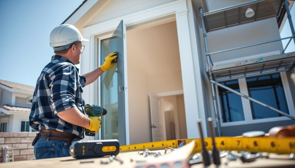 A professional contractor wearing a hard hat and safety gloves is installing an exterior door with a frame in a modern home. In the foreground, focus on the contractor carefully aligning the door with the frame, using a level and a drill. In the middle ground, display various tools like a tape measure and screws scattered on a toolbelt or workbench, emphasizing the installation process. In the background, show a partially completed house exterior with scaffolding and freshly painted walls. The lighting is bright and natural, emanating from a clear blue sky, creating a productive atmosphere. Capture the scene from a slightly elevated angle to provide a comprehensive view of the activity and tools involved in the door installation.