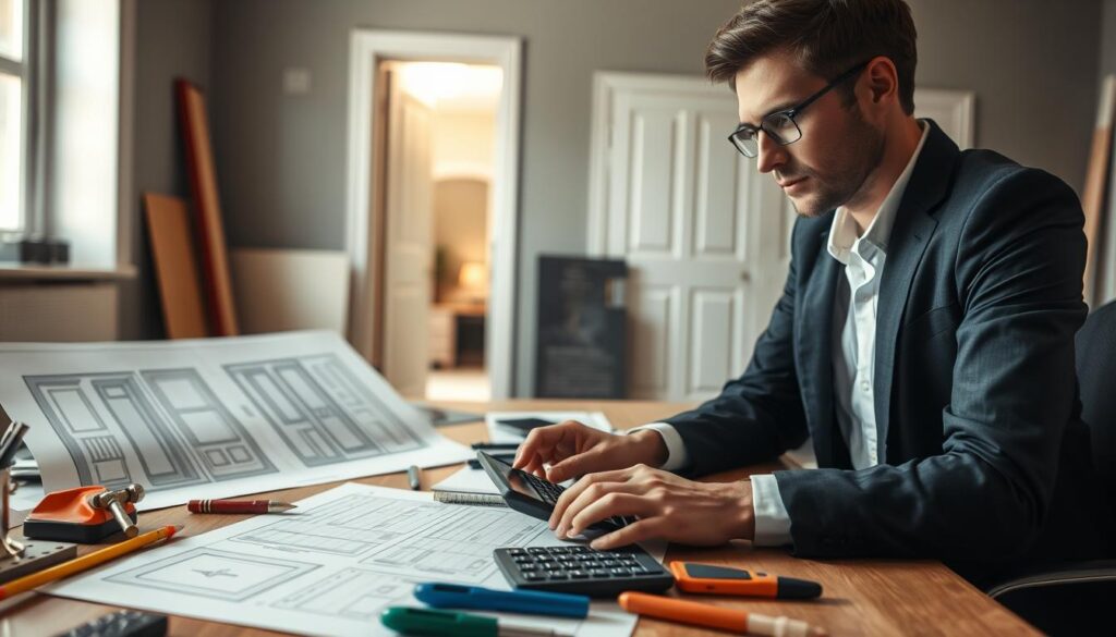 A professional interior scene depicting the process of calculating the cost of door installation. In the foreground, a person in professional attire diligently working at a desk filled with tools, a calculator, and blueprints of various door designs. The middle ground features a partially installed door frame with measurements and notes in plain view, suggesting an analytical approach. In the background, light streaming through a window creates a warm, inviting atmosphere, highlighting a neatly organized workspace. The overall mood is focused and industrious, emphasizing careful planning and financial assessment. Soft, natural lighting enhances the clarity of the tools and documents, while a slightly angled perspective draws the viewer's eye towards the person's engaged expression. A professional interior scene depicting the process of calculating the cost of door installation. In the foreground, a person in professional attire diligently working at a desk filled with tools, a calculator, and blueprints of various door designs. The middle ground features a partially installed door frame with measurements and notes in plain view, suggesting an analytical approach. In the background, light streaming through a window creates a warm, inviting atmosphere, highlighting a neatly organized workspace. The overall mood is focused and industrious, emphasizing careful planning and financial assessment. Soft, natural lighting enhances the clarity of the tools and documents, while a slightly angled perspective draws the viewer's eye towards the person's engaged expression.