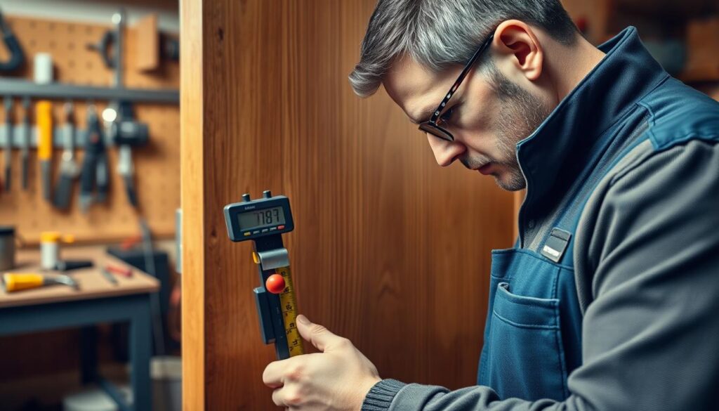A professional locksmith, wearing a smart work uniform, is measuring the depth of a door lock with precise tools near a wooden door. In the foreground, the locksmith focuses intently on a digital depth gauge while holding a tape measure, showcasing intricate details of the tools. The middle ground features the wooden door with a clear view of the lock mechanism, highlighting the craftsmanship of the hardware. In the background, a softly blurred workshop setting reveals various locksmith tools and a workbench. The atmosphere is focused and professional, with warm, soft lighting illuminating the scene. The angle is slightly above eye level, providing an engaging perspective of the measurement process without any distractions or text overlays.