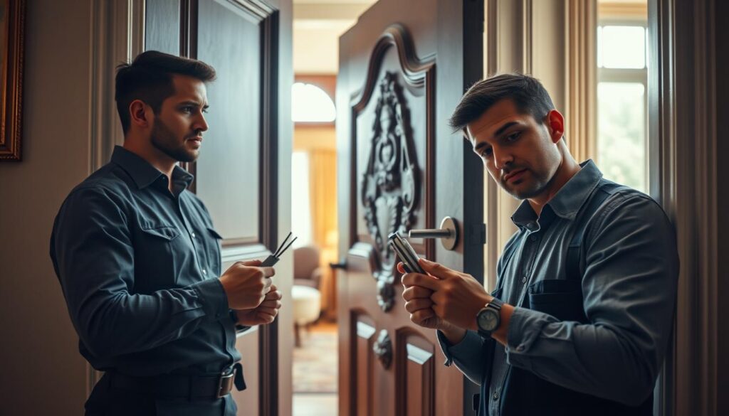 A professional locksmith working on the installation of a new door lock in an elegant entrance doorway. In the foreground, the locksmith, dressed in smart, modest casual clothing, is holding tools with focus and expertise. The middle ground features the sturdy, intricately designed door with a partially opened lock mechanism, revealing the inner workings. In the background, a cozy, well-decorated hallway with soft lighting creates a welcoming atmosphere. The scene is illuminated by a warm, natural light coming from a nearby window, casting gentle shadows that enhance the depth of the image. The overall mood conveys professionalism, reliability, and a sense of security associated with the process of changing a door lock. A professional locksmith working on the installation of a new door lock in an elegant entrance doorway. In the foreground, the locksmith, dressed in smart, modest casual clothing, is holding tools with focus and expertise. The middle ground features the sturdy, intricately designed door with a partially opened lock mechanism, revealing the inner workings. In the background, a cozy, well-decorated hallway with soft lighting creates a welcoming atmosphere. The scene is illuminated by a warm, natural light coming from a nearby window, casting gentle shadows that enhance the depth of the image. The overall mood conveys professionalism, reliability, and a sense of security associated with the process of changing a door lock.