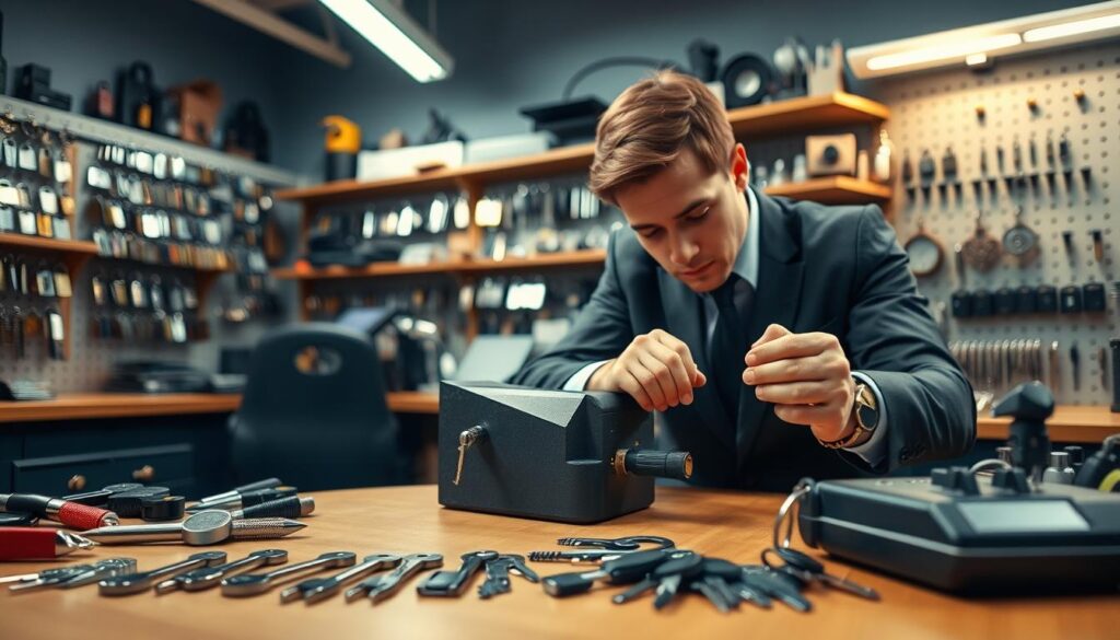 A professional locksmith workshop interior, showcasing a skilled technician clad in a neat, casual business outfit, intently working on a specialized key duplication machine. In the foreground, a range of specialized keys displayed on a workbench, alongside tools like calipers and key cutters. The middle ground features the technician, focused on precision, with a slight sheen of polished metal from the machines around. The background reveals shelves filled with various lock types and key blanks, illuminated by soft overhead lighting that creates a warm, inviting atmosphere. The scene captures the essence of additional key services, emphasizing craftsmanship and professionalism in key duplication.