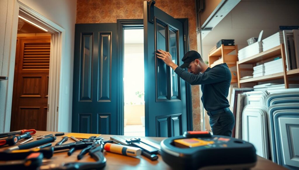A professional service environment showcasing door installation, with a skilled technician in smart casual attire meticulously fitting an elegant, modern exterior door. In the foreground, a variety of tools can be seen neatly arranged on a workbench, highlighting the craftsmanship involved. The middle ground features the technician gently adjusting the door's hinges, ensuring a precise fit, while a partially open doorway reveals a bright and welcoming exterior scene with soft, natural lighting filtering through the space. In the background, shelves stocked with various types of doors can be noticed, suggesting a wide selection for customers. The mood is focused and professional, emphasizing quality and attention to detail in door installation services. The angle captures an immersive view, drawing the viewer into the scene without any text or distractions. A professional service environment showcasing door installation, with a skilled technician in smart casual attire meticulously fitting an elegant, modern exterior door. In the foreground, a variety of tools can be seen neatly arranged on a workbench, highlighting the craftsmanship involved. The middle ground features the technician gently adjusting the door's hinges, ensuring a precise fit, while a partially open doorway reveals a bright and welcoming exterior scene with soft, natural lighting filtering through the space. In the background, shelves stocked with various types of doors can be noticed, suggesting a wide selection for customers. The mood is focused and professional, emphasizing quality and attention to detail in door installation services. The angle captures an immersive view, drawing the viewer into the scene without any text or distractions.