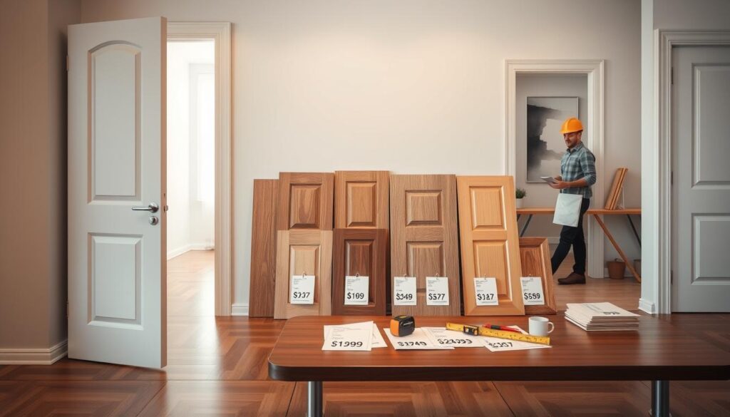 A professional setting showcasing a display of various interior door designs with price tags, emphasizing the cost of installation services. In the foreground, a sleek modern interior door stands open, revealing a clean, well-lit corridor. The middle layer features a variety of door styles lined up on a polished wooden surface, each accompanied by clear price tags, with tools like a tape measure and level nearby. The background shows a softly blurred image of a construction worker in modest casual attire, looking over blueprints on a table. Soft, natural lighting highlights the textures of the doors and creates a welcoming atmosphere. The overall mood is informative and professional, suitable for illustrating pricing trends in interior door installation services.