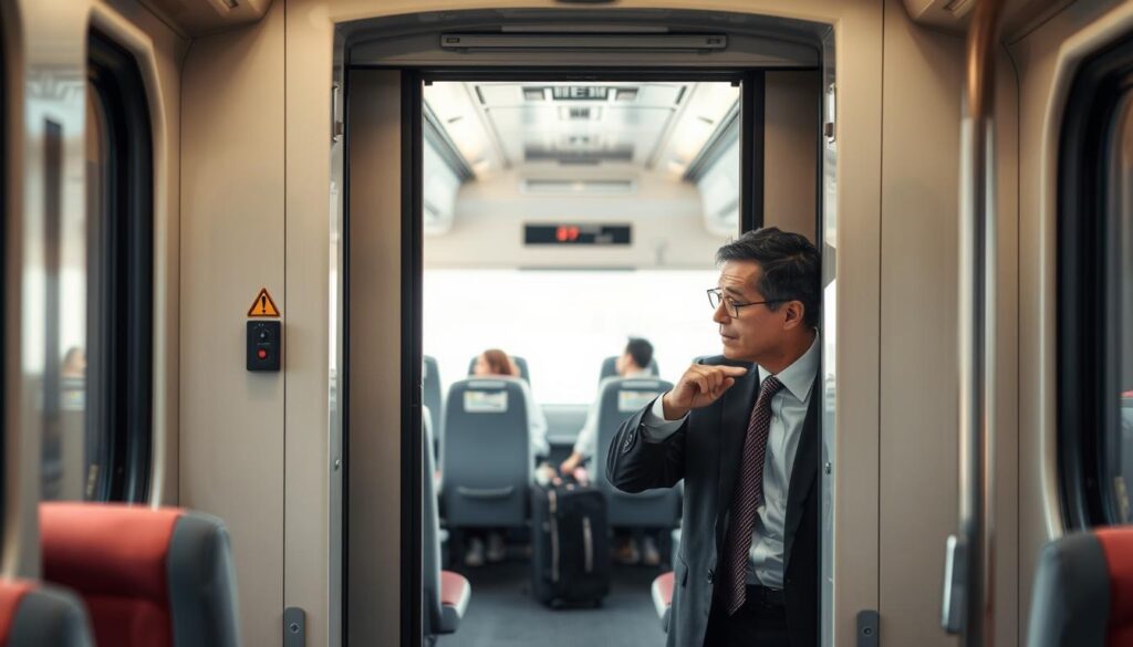 A realistic view of an Intercity train door with visible mechanical issues, such as a slightly ajar door and warning indications. In the foreground, a concerned passenger in professional business attire inspects the door, pointing toward the mechanisms, highlighting a typical problem. The middle ground features the interior of the train, showing empty seats and luggage racks. In the background, soft, natural lighting filters through the windows, enhancing the atmosphere of a bustling train environment. The scene should convey a sense of urgency and problem-solving, captured from a slightly elevated angle to emphasize both the door and the passenger interaction, ensuring clarity and focus on the subject matter without distractions. A realistic view of an Intercity train door with visible mechanical issues, such as a slightly ajar door and warning indications. In the foreground, a concerned passenger in professional business attire inspects the door, pointing toward the mechanisms, highlighting a typical problem. The middle ground features the interior of the train, showing empty seats and luggage racks. In the background, soft, natural lighting filters through the windows, enhancing the atmosphere of a bustling train environment. The scene should convey a sense of urgency and problem-solving, captured from a slightly elevated angle to emphasize both the door and the passenger interaction, ensuring clarity and focus on the subject matter without distractions.
