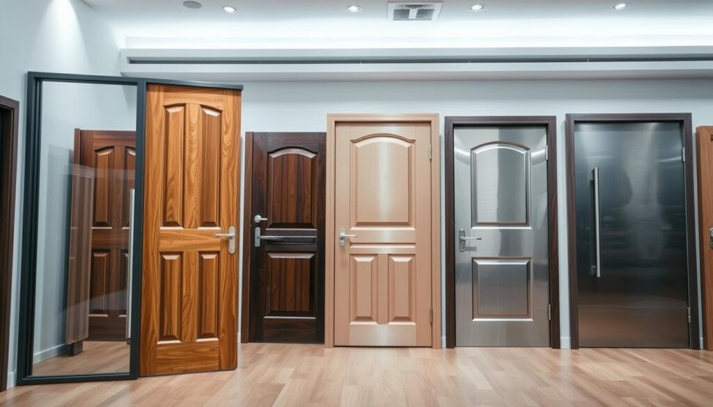 A selection of various door types displayed in a well-lit, modern showroom. In the foreground, showcase three distinct doors: a sleek, contemporary glass door, a classic wooden panel door with intricate carvings, and a minimalist metal door with a brushed finish. In the middle ground, include a backdrop of additional doors in varying styles, such as arched, double doors, and sliding doors, arranged aesthetically. The background features soft, ambient lighting that highlights the texture and details of the doors, creating a welcoming atmosphere. Employ a slightly elevated angle to capture the collection effectively, emphasizing the diversity and craftsmanship of each door, portraying a professional and informative vibe suitable for an article on door selection and pricing. A selection of various door types displayed in a well-lit, modern showroom. In the foreground, showcase three distinct doors: a sleek, contemporary glass door, a classic wooden panel door with intricate carvings, and a minimalist metal door with a brushed finish. In the middle ground, include a backdrop of additional doors in varying styles, such as arched, double doors, and sliding doors, arranged aesthetically. The background features soft, ambient lighting that highlights the texture and details of the doors, creating a welcoming atmosphere. Employ a slightly elevated angle to capture the collection effectively, emphasizing the diversity and craftsmanship of each door, portraying a professional and informative vibe suitable for an article on door selection and pricing.