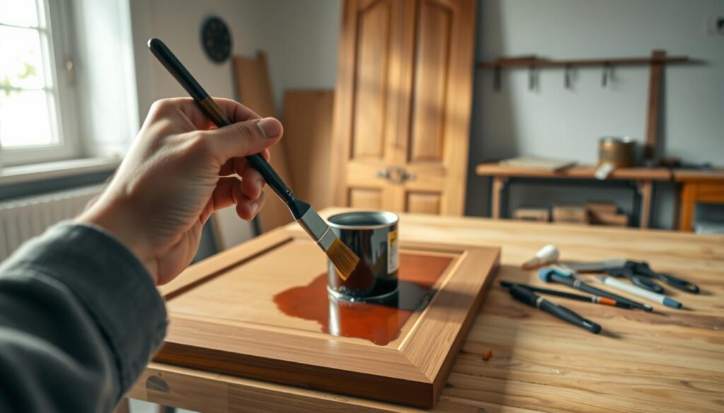 A serene workshop scene showcasing “techniki malowania” for veneered doors. In the foreground, a hand holding a paintbrush, carefully applying a rich, glossy paint on a partially-painted veneered door. The middle ground features an open can of paint, paint roller, and various painting tools spread out on a wooden workbench, providing a glimpse into the process. In the background, soft natural light flows through a window, casting gentle shadows and highlighting the texture of the veneered wood. The overall mood is calm and focused, evoking a sense of craftsmanship and attention to detail, emphasizing the artistry of painting techniques. A serene workshop scene showcasing “techniki malowania” for veneered doors. In the foreground, a hand holding a paintbrush, carefully applying a rich, glossy paint on a partially-painted veneered door. The middle ground features an open can of paint, paint roller, and various painting tools spread out on a wooden workbench, providing a glimpse into the process. In the background, soft natural light flows through a window, casting gentle shadows and highlighting the texture of the veneered wood. The overall mood is calm and focused, evoking a sense of craftsmanship and attention to detail, emphasizing the artistry of painting techniques.
