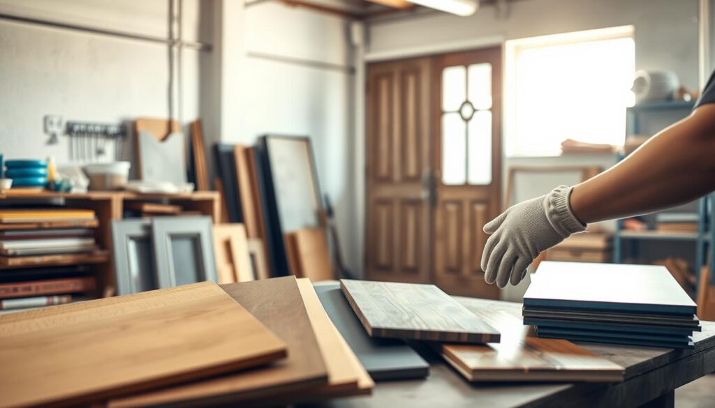 A serene workshop setting featuring a selection of the best materials for exterior door renovation. In the foreground, display a variety of textures and colors, including wood panels, metal sheets, and decorative glass, arranged artfully on a workbench. In the middle ground, a pair of hands wearing protective gloves carefully examines a beautifully restored door, showcasing intricate craftsmanship. The background includes shelves filled with tools and supplies, illuminated by soft, natural light streaming through a window, creating a warm and inviting atmosphere. The focus should be sharp on the materials and the door, with a slight blur on the background to emphasize the renovation process. The scene conveys professionalism, creativity, and dedication to quality in door maintenance and restoration. A serene workshop setting featuring a selection of the best materials for exterior door renovation. In the foreground, display a variety of textures and colors, including wood panels, metal sheets, and decorative glass, arranged artfully on a workbench. In the middle ground, a pair of hands wearing protective gloves carefully examines a beautifully restored door, showcasing intricate craftsmanship. The background includes shelves filled with tools and supplies, illuminated by soft, natural light streaming through a window, creating a warm and inviting atmosphere. The focus should be sharp on the materials and the door, with a slight blur on the background to emphasize the renovation process. The scene conveys professionalism, creativity, and dedication to quality in door maintenance and restoration.