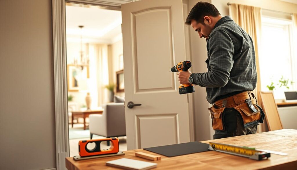 A skilled carpenter wearing a tool belt and modest clothing is carefully installing an interior door in a modern home. The foreground shows the carpenter adjusting the door hinges with a power drill, demonstrating precision and focus. In the middle background, the partially open door reveals a beautifully decorated room with soft lighting and elegant decor, while tools and materials like a spirit level, wood shims, and a measuring tape are neatly arranged on a nearby workbench. The setting conveys a professional and industrious atmosphere, with warm, natural light streaming in through a window, highlighting the quality of the craftsmanship and the importance of proper installation techniques. The angle is slightly elevated, showcasing both the door and the meticulous work being done.
