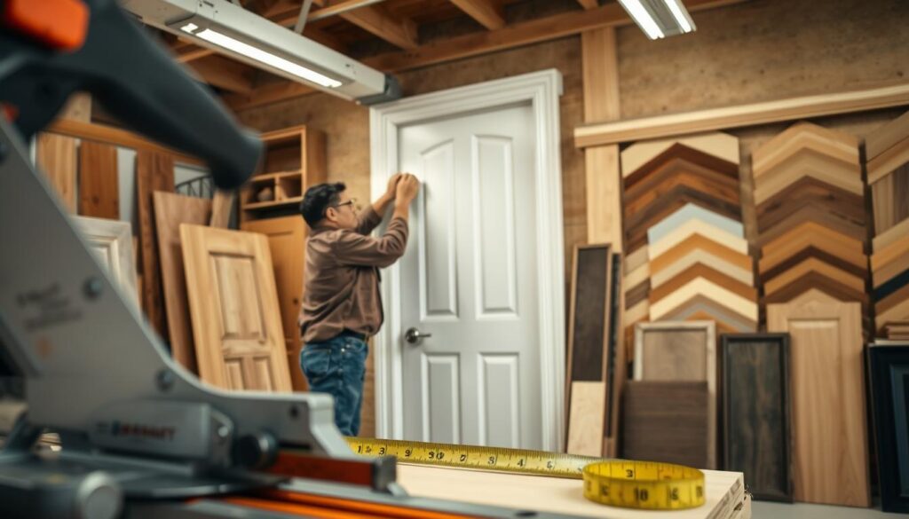 A skilled carpenter working on the process of trimming and finishing interior doors in a well-lit workshop. In the foreground, tools such as a miter saw and measuring tape are prominently displayed, showcasing precision and craftsmanship. The middle ground features the carpenter applying decorative molding and trim around a newly installed door, emphasizing detailed artistry. The background reveals various types of door materials, including wood and composite samples, neatly organized. Soft, natural lighting enhances the warm ambiance of the workshop, while the depth of field keeps the focus sharp on the carpenter's hands at work. The overall mood conveys professionalism, dedication to craftsmanship, and the intricate stages of interior door finishing. A skilled carpenter working on the process of trimming and finishing interior doors in a well-lit workshop. In the foreground, tools such as a miter saw and measuring tape are prominently displayed, showcasing precision and craftsmanship. The middle ground features the carpenter applying decorative molding and trim around a newly installed door, emphasizing detailed artistry. The background reveals various types of door materials, including wood and composite samples, neatly organized. Soft, natural lighting enhances the warm ambiance of the workshop, while the depth of field keeps the focus sharp on the carpenter's hands at work. The overall mood conveys professionalism, dedication to craftsmanship, and the intricate stages of interior door finishing.