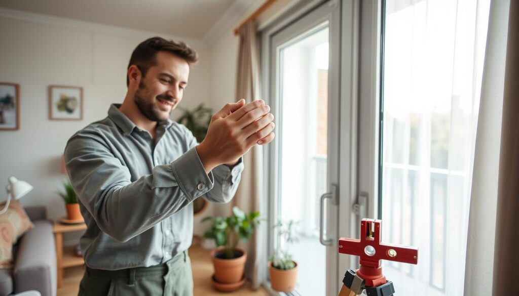 A skilled handyman in a modestly casual outfit adjusts a set of white plastic sliding balcony doors in a well-lit living room. The focus is on the man's hands as he carefully turns a screw mechanism, showcasing the intricate details of door hardware, including hinges and leveling adjustments. In the background, sunlight filters through lightly draped curtains, illuminating a cozy interior adorned with potted plants and a small table with tools like a screwdriver and a spirit level. The atmosphere is calm and focused, conveying a practical, instructional mood, with a soft bokeh effect giving depth to the scene. The angle is slightly above eye level, emphasizing both the task at hand and the neat, organized workspace.