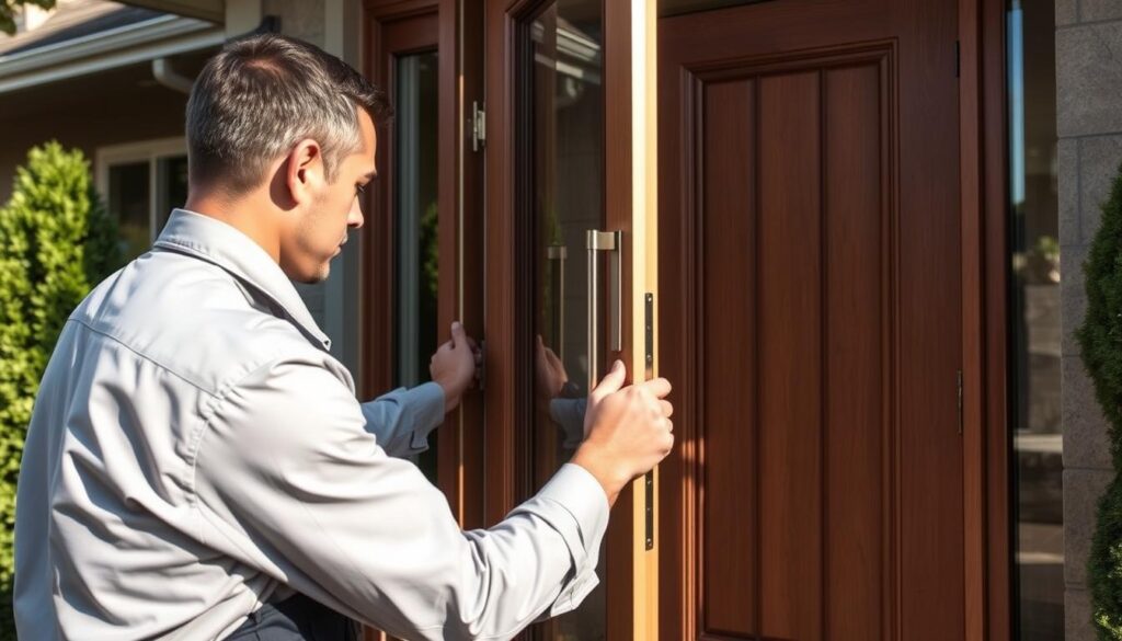 A skilled professional installing an elegant, modern exterior door with a sturdy frame, focused on precise measurements and careful adjustments. The foreground features the installer, dressed in a clean professional uniform, attentively aligning the door hinges. The middle ground shows the beautifully crafted door, showcasing rich wood grain and a stylish handle. In the background, a residential home with a well-maintained facade underscores the importance of quality installation. Soft, natural lighting casts gentle shadows, enhancing the textures of the door and surrounding areas. The scene conveys a sense of professionalism, craftsmanship, and the value of investing in high-quality door installation.