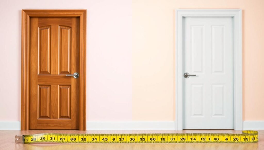 A split-screen image showcasing a wooden door on the left and a white door on the right, each labeled as "right" and "left" doors without any text. The left door has a classic design with a visible doorknob on the right side, while the right door has a modern style with a handle on the left side. In the foreground, a measuring tape lies beside the doors, giving a sense of scale. The middle of the image reveals a subtle gradient background in soft pastel colors to create a calm atmosphere. The lighting is bright and even, highlighting the textures of the wood and paint, emphasizing their details. The angle is slightly above eye level, providing a clear view of the doors' features and markings that distinguish their orientation. A split-screen image showcasing a wooden door on the left and a white door on the right, each labeled as "right" and "left" doors without any text. The left door has a classic design with a visible doorknob on the right side, while the right door has a modern style with a handle on the left side. In the foreground, a measuring tape lies beside the doors, giving a sense of scale. The middle of the image reveals a subtle gradient background in soft pastel colors to create a calm atmosphere. The lighting is bright and even, highlighting the textures of the wood and paint, emphasizing their details. The angle is slightly above eye level, providing a clear view of the doors' features and markings that distinguish their orientation.