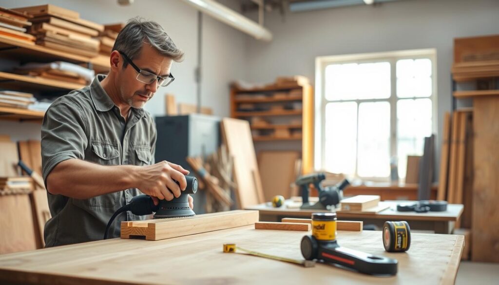 A step-by-step guide on processing doors, illustrated in a detailed and informative manner. In the foreground, showcase a professional craftsman wearing a modest work shirt and safety goggles, focusing intently on sanding the edge of a wooden door. The middle ground features various tools like a sander, tape measure, and wood finish, all neatly arranged on a workbench. The background displays a well-lit workshop with shelves filled with materials and a large window allowing natural light to filter in, creating a warm and welcoming atmosphere. The lighting should be bright but soft to minimize harsh shadows, enhancing the clarity of the scene. The overall mood is focused and industrious, inviting viewers into the world of skilled craftsmanship. A step-by-step guide on processing doors, illustrated in a detailed and informative manner. In the foreground, showcase a professional craftsman wearing a modest work shirt and safety goggles, focusing intently on sanding the edge of a wooden door. The middle ground features various tools like a sander, tape measure, and wood finish, all neatly arranged on a workbench. The background displays a well-lit workshop with shelves filled with materials and a large window allowing natural light to filter in, creating a warm and welcoming atmosphere. The lighting should be bright but soft to minimize harsh shadows, enhancing the clarity of the scene. The overall mood is focused and industrious, inviting viewers into the world of skilled craftsmanship.