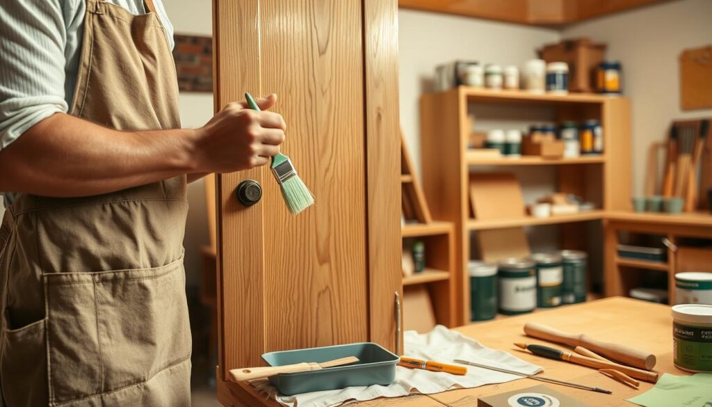 A step-by-step process of painting a wooden door with veneer in a well-lit workshop. In the foreground, a person wearing a canvas apron applies a brush with light green paint to the intricate details of a wooden door, visible wood grain texture highlighted by soft overhead lighting. In the middle ground, various painting tools like brushes, a paint tray, and a drop cloth are neatly arranged beside the door, signifying an organized workspace. The background features shelves filled with paint cans and tools, suggesting a cozy, DIY atmosphere. The overall mood is focused and creative, enhanced by warm lighting that imbues the scene with a sense of productivity and care. A step-by-step process of painting a wooden door with veneer in a well-lit workshop. In the foreground, a person wearing a canvas apron applies a brush with light green paint to the intricate details of a wooden door, visible wood grain texture highlighted by soft overhead lighting. In the middle ground, various painting tools like brushes, a paint tray, and a drop cloth are neatly arranged beside the door, signifying an organized workspace. The background features shelves filled with paint cans and tools, suggesting a cozy, DIY atmosphere. The overall mood is focused and creative, enhanced by warm lighting that imbues the scene with a sense of productivity and care.