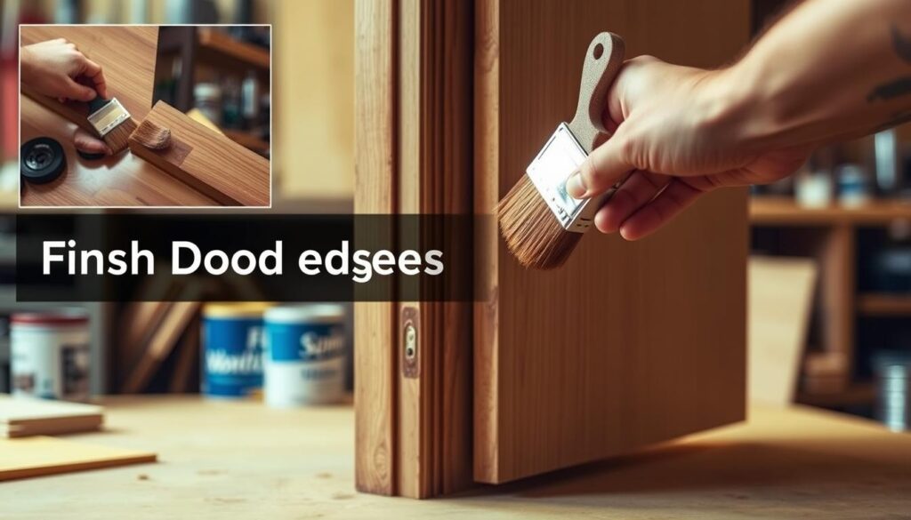 A step-by-step visual guide showing the process of finishing door edges after installation. In the foreground, a beautifully detailed close-up of hands applying wood stain with a brush, showcasing rich hues of brown and natural grain. The middle ground features a partially opened door with smooth, neatly cut edges and prepped surfaces, illuminated by warm, diffused lighting to enhance textures. The background includes a softly blurred workshop setting, with tools like sandpaper and paint cans organized neatly on a workbench. The atmosphere conveys professionalism and craftsmanship, evoking a sense of satisfaction in home improvement. No text or branding present.