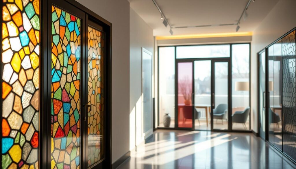 A stylish interior space featuring various types of decorative films and wraps applied to glass surfaces and doors. In the foreground, showcase a close-up of a door with a vibrant, patterned film that mimics stained glass, reflecting colorful light. In the middle, a sleek modern room displays different styles of glass treatments, including frosted, patterned, and tinted films, highlighting their aesthetic appeal. Natural light pours through large windows, casting soft shadows. In the background, a minimalist decor enhances the practical and elegant solutions offered by these films. The overall atmosphere is warm and inviting, illustrating the innovative blend of safety and beauty in interior design. Capture from a slight eye-level angle to emphasize the textures and colors without any text or distractions in the image. A stylish interior space featuring various types of decorative films and wraps applied to glass surfaces and doors. In the foreground, showcase a close-up of a door with a vibrant, patterned film that mimics stained glass, reflecting colorful light. In the middle, a sleek modern room displays different styles of glass treatments, including frosted, patterned, and tinted films, highlighting their aesthetic appeal. Natural light pours through large windows, casting soft shadows. In the background, a minimalist decor enhances the practical and elegant solutions offered by these films. The overall atmosphere is warm and inviting, illustrating the innovative blend of safety and beauty in interior design. Capture from a slight eye-level angle to emphasize the textures and colors without any text or distractions in the image.