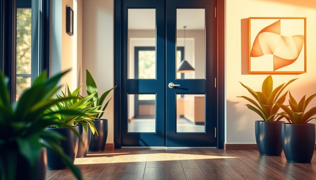 A stylish modern door featuring sleek lines and a large glass panel, beautifully designed to blend elegance and functionality. The door is painted in a deep navy blue with a glossy finish, reflecting soft ambient light from a nearby source. In the foreground, there is a textured wooden floor enhancing the aesthetic, while vibrant green potted plants are placed to the sides, adding freshness. The middle ground showcases the door in an inviting hallway bathed in warm, natural light, highlighting its contemporary design. In the background, soft-focus geometric art pieces on the wall complement the modern look. The overall mood is chic and sophisticated, portraying a seamless fusion of traditional craftsmanship and modern design. A stylish modern door featuring sleek lines and a large glass panel, beautifully designed to blend elegance and functionality. The door is painted in a deep navy blue with a glossy finish, reflecting soft ambient light from a nearby source. In the foreground, there is a textured wooden floor enhancing the aesthetic, while vibrant green potted plants are placed to the sides, adding freshness. The middle ground showcases the door in an inviting hallway bathed in warm, natural light, highlighting its contemporary design. In the background, soft-focus geometric art pieces on the wall complement the modern look. The overall mood is chic and sophisticated, portraying a seamless fusion of traditional craftsmanship and modern design.