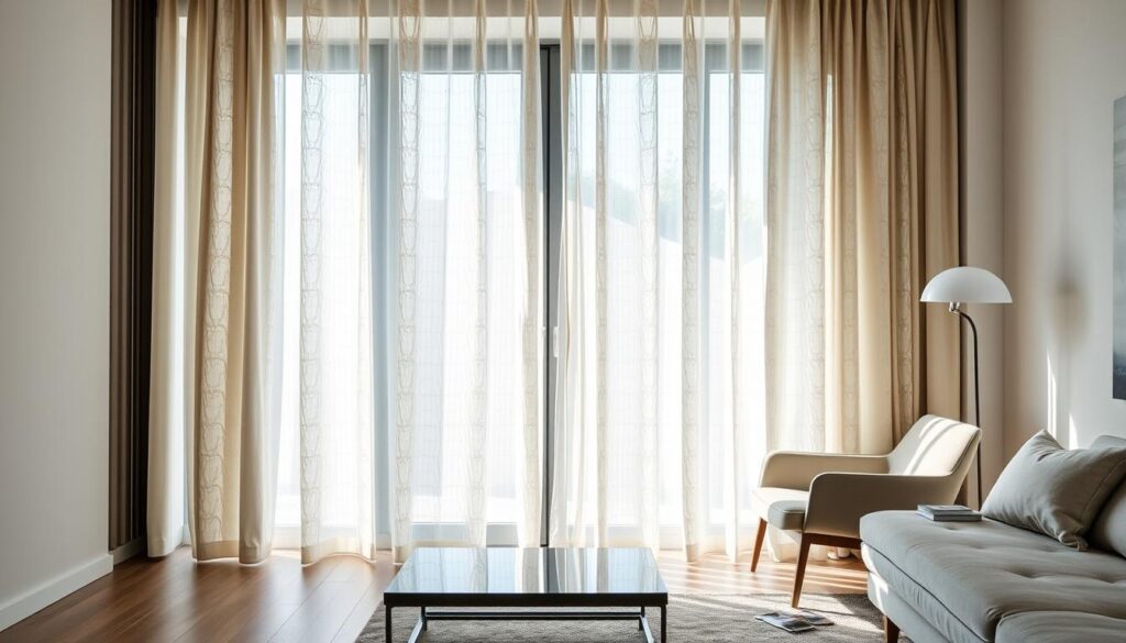 A stylish modern room featuring elegant, contemporary curtains covering large glass panels in a door. The curtains are made of a light, airy fabric with geometric patterns in soft neutral tones. In the foreground, a sleek wooden floor complements minimalist furniture such as a low coffee table and a cozy armchair. The middle ground shows the curtains gently billowing in a soft breeze, allowing filtered sunlight to cast delicate shadows across the room. The background includes a subtle hint of greenery visible through the glass doors, enhancing the tranquil atmosphere. The scene is softly lit, creating a warm, inviting mood, perfect for a modern living space. The composition is captured from a slightly elevated angle for a balanced perspective.