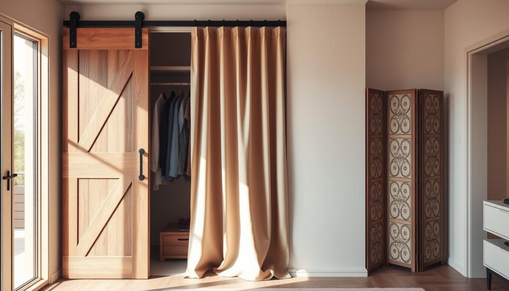 A stylish modern wardrobe showcasing various door alternatives in a contemporary interior. In the foreground, feature a sliding barn door made of reclaimed wood, slightly ajar to reveal neatly organized clothes inside. In the middle, display a luxurious curtain made of soft, flowing fabric in a muted color, elegantly arranged to one side, and a folding screen with intricate patterns. The background should show a well-lit room with natural light flowing from a nearby window, casting soft shadows. Use a warm color palette to evoke a cozy atmosphere, and employ a wide-angle lens to capture the full depth of the space, ensuring a clean and inviting look.