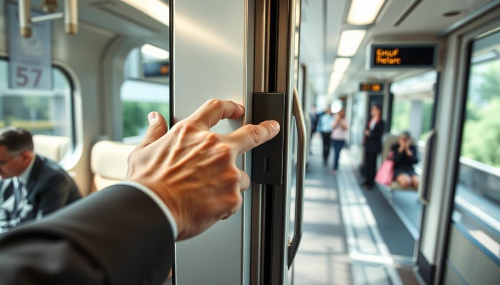 A train door opening procedure in an intercity train setting. Foreground features a clear view of a passenger, a middle-aged individual in professional attire, carefully pressing a button on the door panel to open the sliding door. Their hand is positioned at an angle that emphasizes the action, showcasing a modern design of the door mechanism. Middle ground depicts the train interior with comfortable seating and clear windows, reflecting natural daylight filtering through, creating a welcoming atmosphere. The background shows a blurred view of the train station platform, with people waiting and a hint of greenery outside. The overall mood is informative and practical, capturing a moment of travel and efficiency, with soft lighting enhancing the scene. A train door opening procedure in an intercity train setting. Foreground features a clear view of a passenger, a middle-aged individual in professional attire, carefully pressing a button on the door panel to open the sliding door. Their hand is positioned at an angle that emphasizes the action, showcasing a modern design of the door mechanism. Middle ground depicts the train interior with comfortable seating and clear windows, reflecting natural daylight filtering through, creating a welcoming atmosphere. The background shows a blurred view of the train station platform, with people waiting and a hint of greenery outside. The overall mood is informative and practical, capturing a moment of travel and efficiency, with soft lighting enhancing the scene.