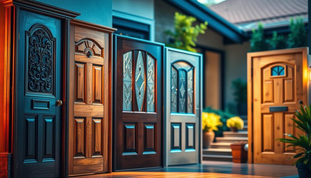 A vibrant scene showcasing various types of external doors displayed in a contemporary setting. In the foreground, a beautifully crafted wooden door with intricate carvings stands next to a sleek steel door, both under soft, warm ambient lighting. The middle ground features a stylish fiberglass door with elegant glass insets, and a classic rustic door with a natural finish, creating a diverse visual appeal. The background includes a blurred view of a modern home with greenery, suggesting an inviting atmosphere. The angle is slightly tilted to capture the depth and perspective, emphasizing the doors' textures and colors. The overall mood is professional and informative, designed to highlight the features and costs associated with different types of external doors.