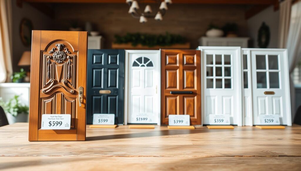 A visually appealing comparison of various front door designs and their prices, arranged on a wooden table. The foreground features an elegant wooden door with intricate carvings labeled with a price tag next to it. In the middle ground, several other types of doors, such as modern steel doors, classic fiberglass doors, and glass-paneled options, are beautifully displayed with visible price tags. The background shows a subtle blur of a cozy home setting, hinting at an inviting atmosphere. Soft, natural lighting creates gentle highlights and shadows, emphasizing the textures of the doors. The overall mood is informative yet stylish, guiding the viewer's attention to the details of the door designs and their pricing without distractions. A visually appealing comparison of various front door designs and their prices, arranged on a wooden table. The foreground features an elegant wooden door with intricate carvings labeled with a price tag next to it. In the middle ground, several other types of doors, such as modern steel doors, classic fiberglass doors, and glass-paneled options, are beautifully displayed with visible price tags. The background shows a subtle blur of a cozy home setting, hinting at an inviting atmosphere. Soft, natural lighting creates gentle highlights and shadows, emphasizing the textures of the doors. The overall mood is informative yet stylish, guiding the viewer's attention to the details of the door designs and their pricing without distractions.