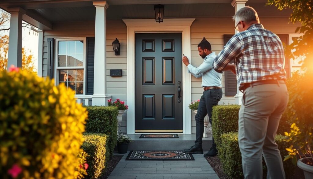 A visually appealing home exterior showcasing an inviting entrance, featuring a beautifully designed front door that signifies quality and value. In the foreground, the door is elegantly framed by tasteful landscaping, including colorful flowers and neatly trimmed hedges. The middle ground presents a welcoming porch with a stylish doormat and a decorative door handle. In the background, a well-maintained house exudes charm, illuminated by warm afternoon sunlight to create a cozy atmosphere. The image captures a professional installer in smart casual attire inspecting the door, emphasizing a sense of professionalism and trust. The scene is shot from a slightly low angle to emphasize the door’s stature, with natural light casting soft shadows for a realistic effect. A visually appealing home exterior showcasing an inviting entrance, featuring a beautifully designed front door that signifies quality and value. In the foreground, the door is elegantly framed by tasteful landscaping, including colorful flowers and neatly trimmed hedges. The middle ground presents a welcoming porch with a stylish doormat and a decorative door handle. In the background, a well-maintained house exudes charm, illuminated by warm afternoon sunlight to create a cozy atmosphere. The image captures a professional installer in smart casual attire inspecting the door, emphasizing a sense of professionalism and trust. The scene is shot from a slightly low angle to emphasize the door’s stature, with natural light casting soft shadows for a realistic effect.