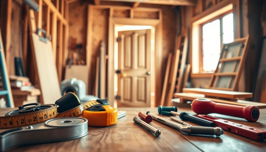 A visually engaging and informative representation of "factors affecting door installation costs." In the foreground, display a collection of various tools used for door installation, such as a measuring tape, level, and screwdriver, arranged neatly on a wooden table. In the middle, depict a partially installed door within a doorway, showing detailed craftsmanship, including hinges and the frame structure. In the background, capture a workspace environment featuring a construction area with materials like wood and metal, ensuring a sense of depth with blurred elements to draw focus. The lighting should be warm and inviting, coming from a window, to create a professional and focused atmosphere. The angle should be slightly elevated to encapsulate all elements effectively, emphasizing the intricacies of installation and associated costs. A visually engaging and informative representation of "factors affecting door installation costs." In the foreground, display a collection of various tools used for door installation, such as a measuring tape, level, and screwdriver, arranged neatly on a wooden table. In the middle, depict a partially installed door within a doorway, showing detailed craftsmanship, including hinges and the frame structure. In the background, capture a workspace environment featuring a construction area with materials like wood and metal, ensuring a sense of depth with blurred elements to draw focus. The lighting should be warm and inviting, coming from a window, to create a professional and focused atmosphere. The angle should be slightly elevated to encapsulate all elements effectively, emphasizing the intricacies of installation and associated costs.