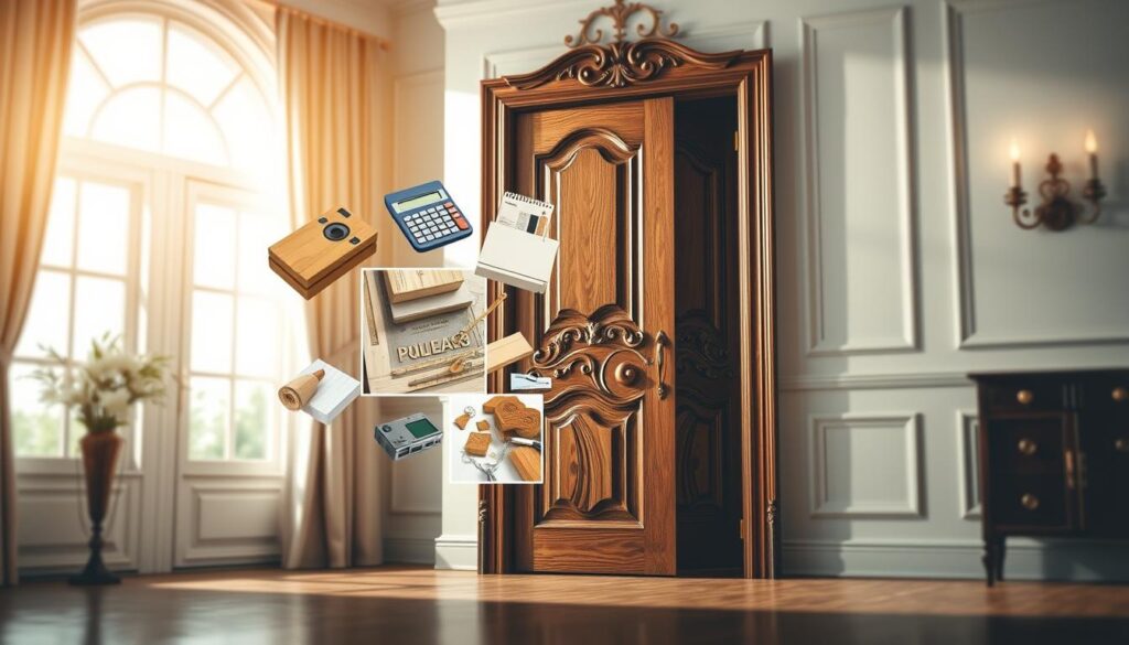 A visually engaging depiction of factors influencing door prices, showcasing a split-screen layout. In the foreground, a beautifully crafted wooden door with intricate carvings symbolizes quality craftsmanship. In the middle, a collage of elements such as a calculator, construction materials, and design samples highlights economic factors like material costs and labor. The background features an elegant interior setting with natural light streaming through a large window, creating a warm, inviting atmosphere. Soft shadows and a slight depth-of-field effect emphasize the details of the door and the surrounding elements. The overall mood is informative and professional, perfectly illustrating the topic of door pricing without any text or distractions.
