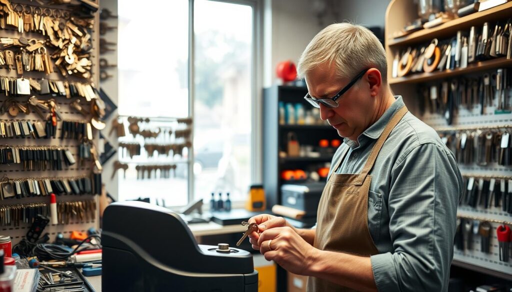 A well-lit and organized key duplication shop, filled with various key types and locksmithing tools. In the foreground, a focused locksmith, dressed in a professional apron, is carefully cutting a key using a modern key-cutting machine. The locksmith has short hair and wears glasses, showcasing a dedicated expression. In the middle ground, shelves display an array of keys and parts for locks, with a small workbench cluttered with tools. The background features a large window allowing natural light to flood in, enhancing the busy yet professional atmosphere of the shop. The overall mood is industrious and welcoming, highlighting the expertise and precision involved in key duplication. The image should have a depth of field effect, focusing sharply on the locksmith while softly blurring the background elements.