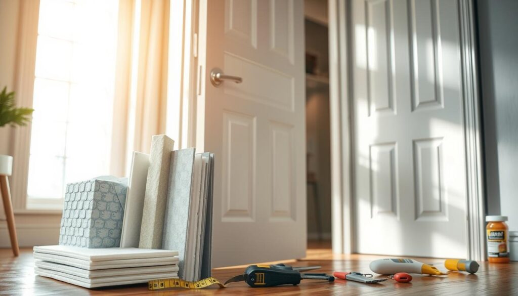 A well-lit, informative scene showcasing different methods of insulating a door to minimize heat loss. In the foreground, display a section of a door, partially opened to reveal various insulation materials like foam panels, weatherstripping, and reflective barriers, arranged neatly for a clear view. In the middle ground, include tools such as a measuring tape, utility knife, and adhesive, suggesting an ongoing home improvement project. The background features a cozy interior setting, emphasizing warmth with soft, natural light filtering through a window, casting gentle shadows. Capture the mood of a professional yet inviting atmosphere, ideal for homeowners seeking practical solutions. Use a wide-angle perspective to encompass the entire scene while ensuring clarity and detail in each element. A well-lit, informative scene showcasing different methods of insulating a door to minimize heat loss. In the foreground, display a section of a door, partially opened to reveal various insulation materials like foam panels, weatherstripping, and reflective barriers, arranged neatly for a clear view. In the middle ground, include tools such as a measuring tape, utility knife, and adhesive, suggesting an ongoing home improvement project. The background features a cozy interior setting, emphasizing warmth with soft, natural light filtering through a window, casting gentle shadows. Capture the mood of a professional yet inviting atmosphere, ideal for homeowners seeking practical solutions. Use a wide-angle perspective to encompass the entire scene while ensuring clarity and detail in each element.