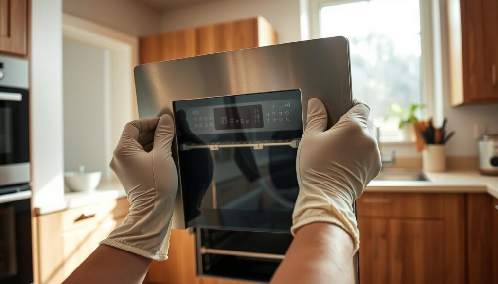 A well-lit kitchen scene focused on safely removing an oven door from an Amica model. In the foreground, a pair of gloved hands gently grasp the oven door, demonstrating the correct technique for handling it securely. In the middle, the sleek stainless steel oven is prominently displayed, showcasing its polished surface and modern design. The background features a tidy kitchen with warm wooden cabinetry and subtle pastel wall colors, creating a welcoming atmosphere. Natural light streams in through a window, emphasizing the importance of safety and care in the task. The angle is slightly elevated, offering a clear view of the door being removed, while ensuring all details are crisp and professional, suitable for instructional guidance. A well-lit kitchen scene focused on safely removing an oven door from an Amica model. In the foreground, a pair of gloved hands gently grasp the oven door, demonstrating the correct technique for handling it securely. In the middle, the sleek stainless steel oven is prominently displayed, showcasing its polished surface and modern design. The background features a tidy kitchen with warm wooden cabinetry and subtle pastel wall colors, creating a welcoming atmosphere. Natural light streams in through a window, emphasizing the importance of safety and care in the task. The angle is slightly elevated, offering a clear view of the door being removed, while ensuring all details are crisp and professional, suitable for instructional guidance.
