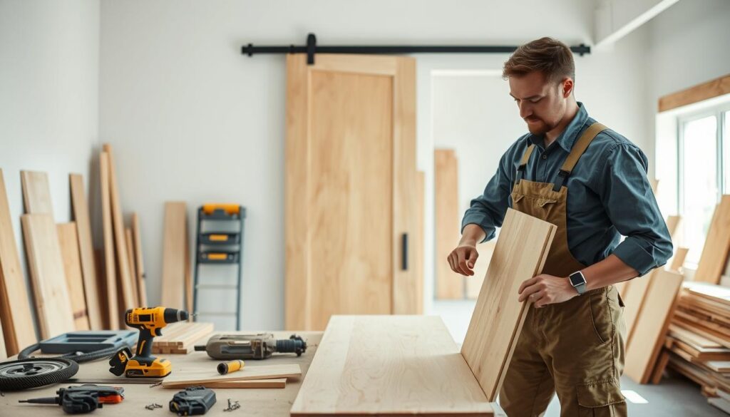 A well-lit workshop scene showcasing the installation of sliding doors made from furniture board. In the foreground, a skilled carpenter, dressed in a professional outfit, is measuring and cutting a wooden panel. The middle ground features the sliding door tracks mounted on a wall, with tools like a saw, drill, and screws neatly arranged nearby. The background reveals a bright, spacious workspace with wooden planks and other materials visible, creating a productive atmosphere. Soft, natural light filters through a large window, highlighting the craftsmanship of the door assembly. The overall mood conveys precision and focus, embodying a step-by-step guide to a successful sliding door installation process.