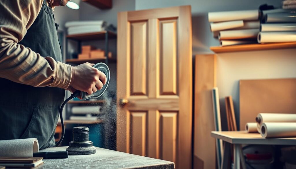 A well-lit workshop setting, focusing on a wooden door being prepared for wrapping. In the foreground, a person wearing professional work attire is carefully sanding the door's surface, with fine dust settling around. Tools such as sandpaper and a putty knife are neatly arranged on a workbench to the side. In the middle ground, the door is upright against a wall, showing its natural grain and minor imperfections. The background features shelves stocked with rolls of adhesive film and painting supplies. Soft, warm lighting enhances the cozy working atmosphere, and the angle is slightly angled to capture both the detailed texture of the door and the organized workspace, instilling a sense of craftsmanship and dedication.