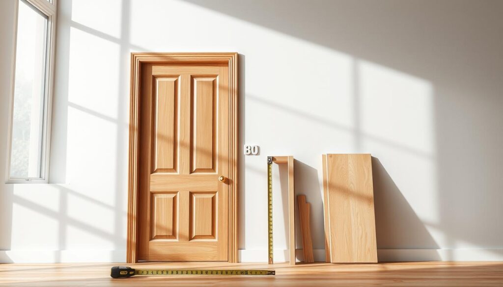 A well-lit workspace featuring a detailed wooden door and a measuring tape next to it, set against a clean, neutral background. The door, labeled as “80”, has clear dimensions marked on it, showcasing the measurements required for installation. Include a close-up of the hinge side of the door, emphasizing the precise opening dimensions needed for proper fitting. Soft, natural daylight streams in through a nearby window, casting gentle shadows to create a calm and focused atmosphere. The scene should evoke a sense of professionalism and craftsmanship, ideal for home improvement enthusiasts. No people are needed, just the door and tools in a tidy environment.