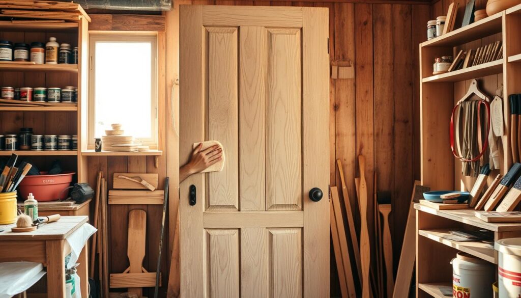A well-maintained old door, crafted from hardboard, stands in a cozy workshop filled with tools and materials for restoration. In the foreground, a person in modest casual clothing is gently sanding the door, displaying careful attention to detail, with a soft light illuminating the wood grain. The background features wooden shelves stocked with various varnishes and brushes, creating an inviting and productive atmosphere. Sunlight streams through a window, casting warm rays in the space, enhancing the sense of care and renewal. The composition captures a moment of dedication and craftsmanship, emphasizing the importance of caring for aged doors after restoration.