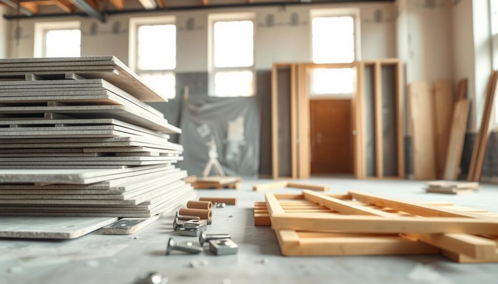 A well-organized construction scene featuring various materials for building a partition wall with a door. In the foreground, display a stack of sturdy drywall sheets and wooden studs, with metal brackets and screws scattered around. In the middle ground, show a partially constructed wall, including an installed door frame that is ready for a door. In the background, depict a spacious room with soft, warm lighting filtering through large windows, illuminating the materials. The atmosphere should convey a sense of practicality and creativity in home improvement, emphasizing the construction materials while maintaining a clean and professional look. The image should have a slight depth of field, focusing on the materials with a blurred background for added depth. A well-organized construction scene featuring various materials for building a partition wall with a door. In the foreground, display a stack of sturdy drywall sheets and wooden studs, with metal brackets and screws scattered around. In the middle ground, show a partially constructed wall, including an installed door frame that is ready for a door. In the background, depict a spacious room with soft, warm lighting filtering through large windows, illuminating the materials. The atmosphere should convey a sense of practicality and creativity in home improvement, emphasizing the construction materials while maintaining a clean and professional look. The image should have a slight depth of field, focusing on the materials with a blurred background for added depth.