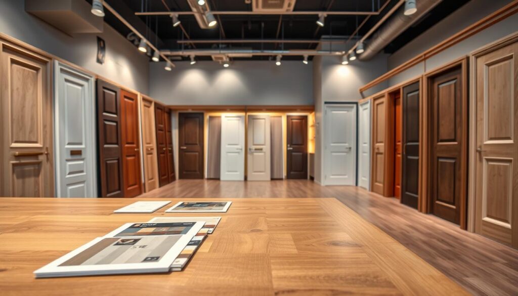 A well-organized interior shop displaying a variety of stylish interior doors with frames, showcasing different designs such as modern, classic, and minimalist styles. In the foreground, a polished wooden table with sample door samples and color swatches. The middle area reveals rows of doors mounted on display walls illuminated by soft, warm lighting, highlighting their textures and finishes. In the background, a welcoming open space with soft-focus shelving containing door hardware and accessories. Use a wide-angle perspective to capture the shop's inviting atmosphere, evoking a sense of shopping for the perfect interior door. Ambient lighting enhances the inviting mood of the shop, emphasizing quality and craftsmanship. A well-organized interior shop displaying a variety of stylish interior doors with frames, showcasing different designs such as modern, classic, and minimalist styles. In the foreground, a polished wooden table with sample door samples and color swatches. The middle area reveals rows of doors mounted on display walls illuminated by soft, warm lighting, highlighting their textures and finishes. In the background, a welcoming open space with soft-focus shelving containing door hardware and accessories. Use a wide-angle perspective to capture the shop's inviting atmosphere, evoking a sense of shopping for the perfect interior door. Ambient lighting enhances the inviting mood of the shop, emphasizing quality and craftsmanship.
