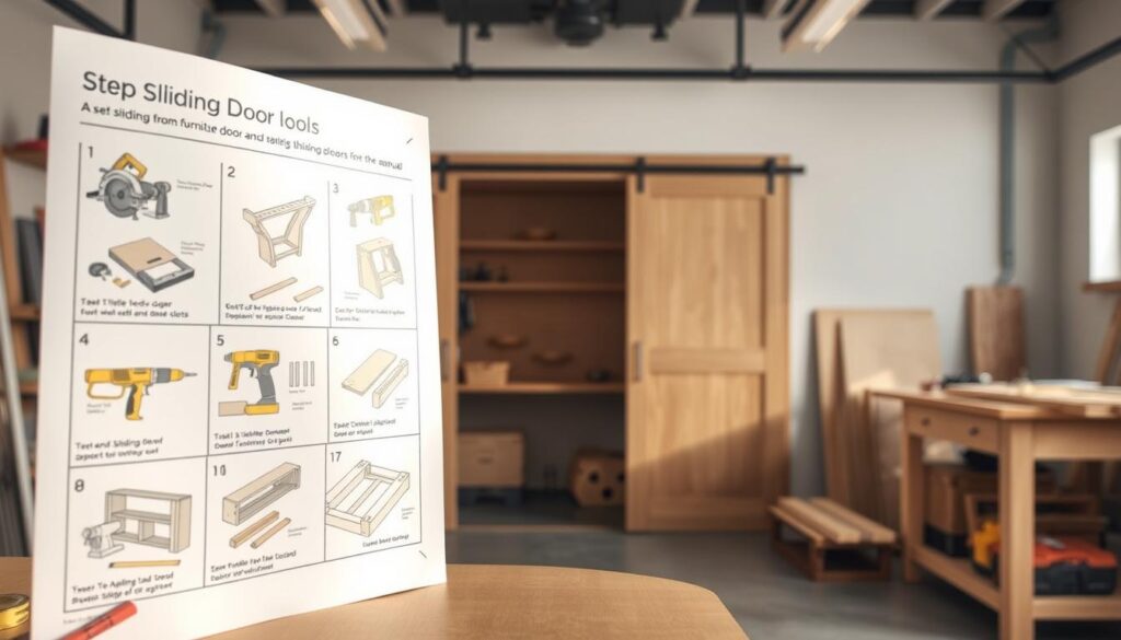 A well-organized step-by-step instruction manual for creating sliding doors from furniture board, displayed prominently in the foreground. The manual features detailed illustrations of tools such as a circular saw, drill, and measuring tape, alongside segments showing the process of cutting, assembling, and installing the sliding doors. In the middle ground, a partially constructed sliding door setup is shown against a clean workshop backdrop, with workbenches and additional materials neatly arranged. Soft, natural lighting highlights the workspace, giving it an inviting atmosphere. The perspective is slightly angled to provide depth, making the workspace feel expansive yet focused on the project, evoking a sense of creativity and craftsmanship without any text or distractions.